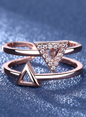 韩版时尚几何三角形硞石玫瑰金戒指少女简约甜美气质订婚求婚戒指