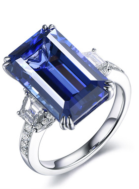 欧美高端气质珠宝女士简约长方形仿蓝宝石坦桑石镀白金戒指礼物