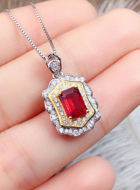 欧美高端珠宝女士气质仿真长方形红宝石硞石镶钻分色镀金吊坠项链