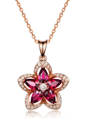 欧美高端珠宝少女甜美仿真红宝石硞石镶钻五角星吊坠镀玫瑰金项链