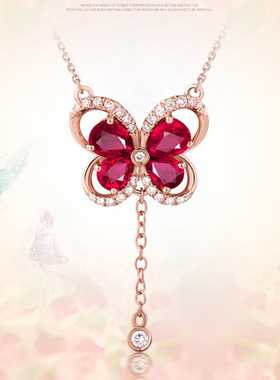 高端珠宝少女简约甜美仿真红碧玺蝴蝶结硞石镶钻吊坠镀玫瑰金项链