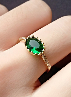 欧美仿绿碧玺戒指女士几何形祖母绿个性气质钻戒绿水晶镀黄金戒指