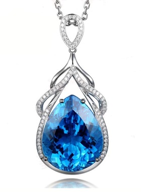 欧美高端珠宝少女水滴形锆石微镶仿蓝色托帕石美人鱼之泪吊坠项链