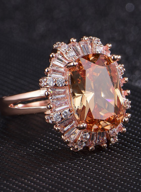 欧美时尚珠宝女士气质长方形香槟色锆石镶嵌镀18K玫瑰金色戒指