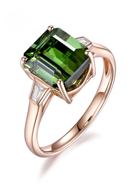 女士高端气质珠宝几何方形仿真祖母绿碧玺镀18K玫瑰金简约戒指