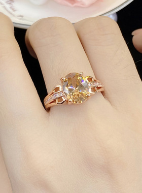 高端珠宝女士气质橄榄绿香槟色仿真摩根石祖母绿碧玺镀玫瑰金戒指