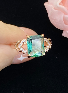 少女学生简约清新孔绿长方形仿真绿碧玺彩宝硞石镶钻镀玫瑰金戒指
