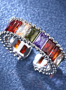 欧美风彩虹硞石镀金戒指少女简约甜美彩色钻戒指女朋友情人节礼物