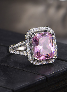 戒指女欧美高端仿真粉碧玺水晶硞石镶钻甜美粉色方形镀白金指环