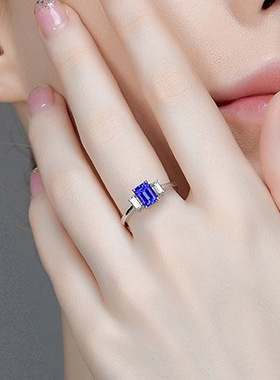 欧美高端珠宝女士简约气质长方形仿真蓝宝石镀白金戒指可调节指环