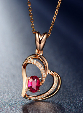 欧美高端珠宝女友结婚甜美爱心仿真红碧玺宝石镀玫瑰金吊坠项链