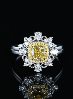 欧美高端珠宝少女简约甜美钻戒仿真黄水晶花朵形满钻分色镀金戒指