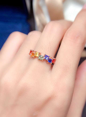欧美时尚珠宝少女简约甜美仿天然糖果色碧玺七彩宝石镀玫瑰金戒指