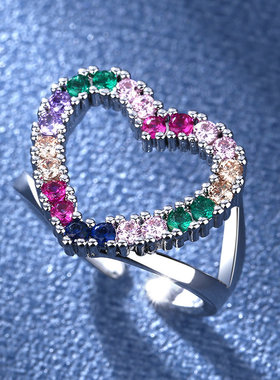 欧美彩虹色爱心硞石戒指少女简约甜美镀S925纯银可调节钻戒礼物