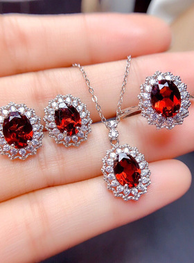 女朋友订婚结婚甜美珠宝套装仿真红宝石镀白金吊坠项链戒指耳钉