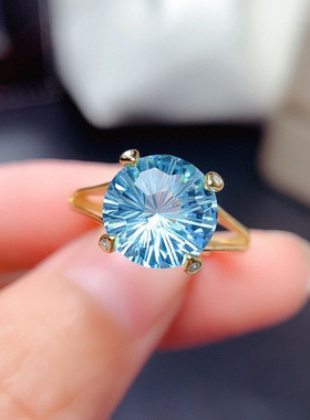 欧美高端珠宝少女甜美5克拉海蓝钻仿真浅海蓝托帕石镀黄金色戒指