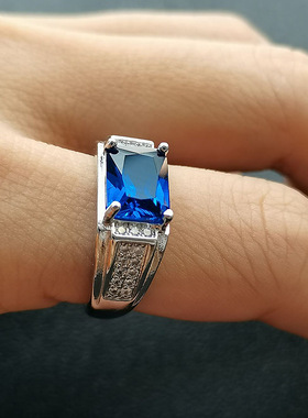 欧美气质男神仿蓝宝石大气镀金戒指时尚霸气男款商务镀白金指环