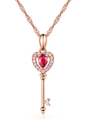 项链少女学生钥匙水滴形仿真红宝石吊坠镀18K玫瑰金项链生日礼物