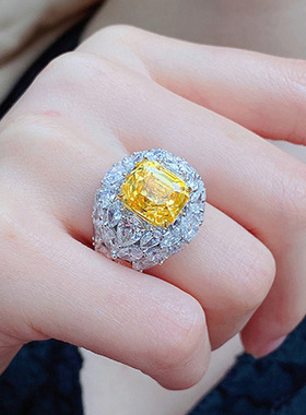 欧美高端珠宝少女金黄锆石仿真黄水晶镶满钻简约甜美分色镀金戒指