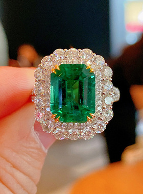 女士珠宝带棉絮仿真祖母绿碧玺硞石镶满钻公主气质长方形镀金戒指