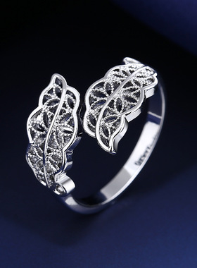 韩版时尚饰品少女简约树叶款硞石镶嵌开口戒指个性气质指环礼物