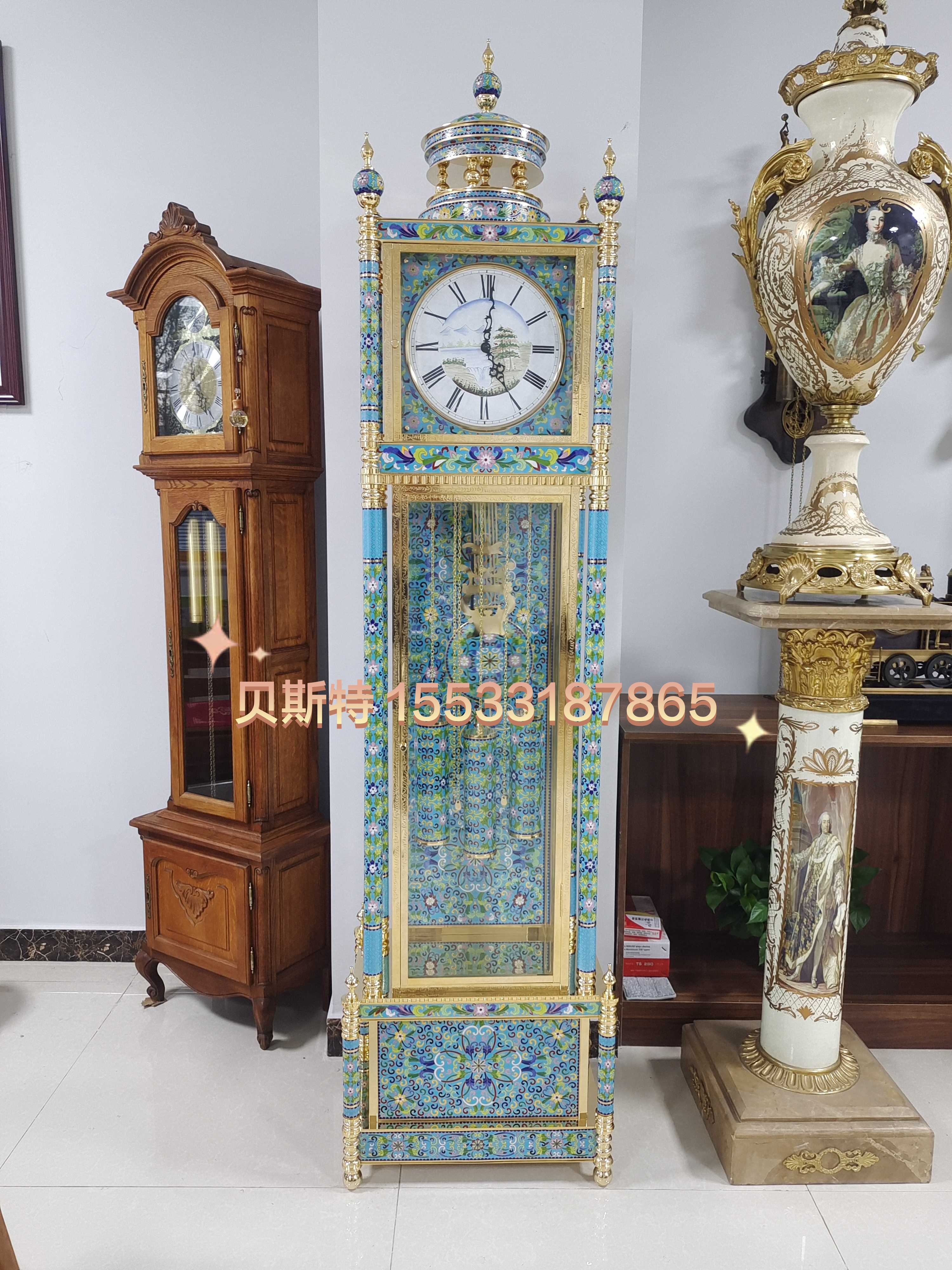 落地钟 景泰蓝机械重锤立钟 珐琅彩 德国赫姆勒进口机芯 民国镀金