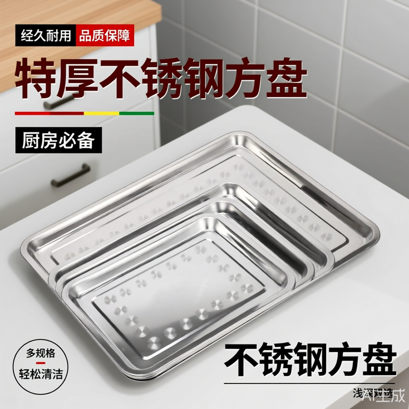 不锈钢方盘长方形果盘商用家用蒸饭盘菜盘餐盘饺子盘铁盘烧烤盘子