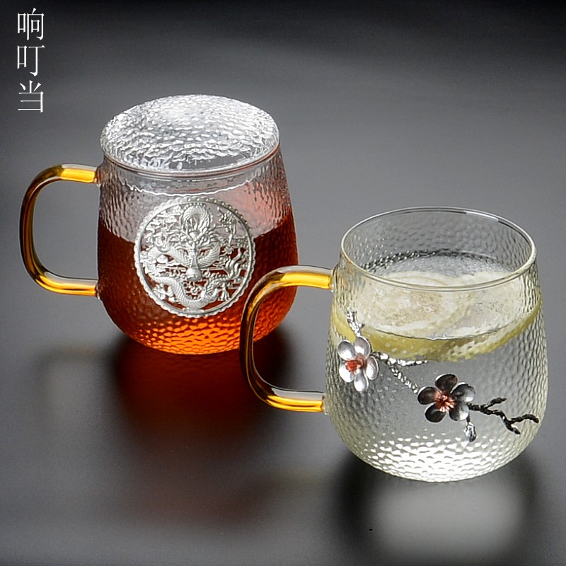 玻璃花茶杯带内胆茶水分离办公室茶杯女带手把日式大号锡梅花水杯
