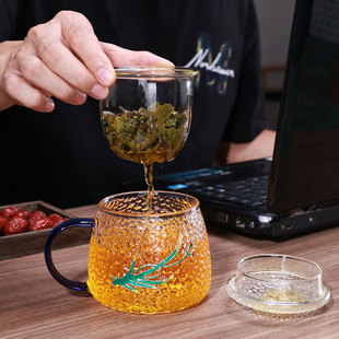 2025茶水分离带盖花茶杯新款梅花锤纹玻璃泡茶杯女高颜值杯子耐热