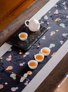 中国风茶席长桌旗云纱绿色双面防水茶桌干泡垫子茶台桌布中式禅意