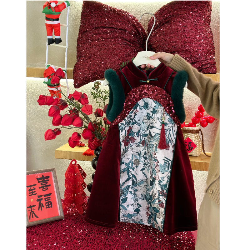 【粉丝清仓冬季福利款】橘子家orange女童旗袍裙棉服年服HS55272