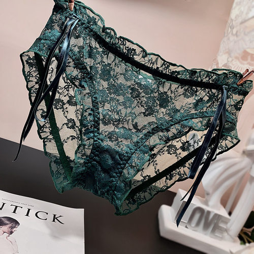 日系可爱透明性感蕾丝内裤女丝带低腰诱惑透气三角裤少女纯棉底裆