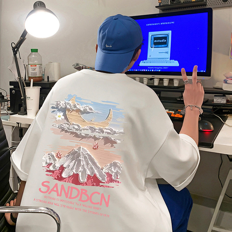 280G重磅纯棉潮牌ins雪山创意美式oversizet恤圆领短袖男夏季新款