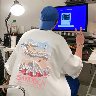 280G重磅纯棉潮牌ins雪山创意美式oversizet恤圆领短袖男夏季新款