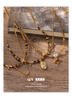 欧美复古跨境时尚黄铜镀金高级感虎眼石玛瑙锆石项链简约百搭项饰