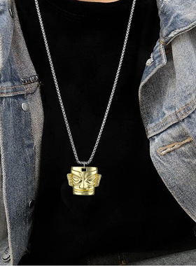 网红国潮三星堆面具项链金色复古吊坠土酷嘻哈街头男女配饰挂件潮
