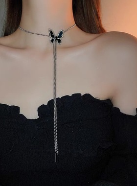 新款毛衣链长款蝴蝶项链抽拉绳耳环套装轻奢小众高级感百搭辣妹