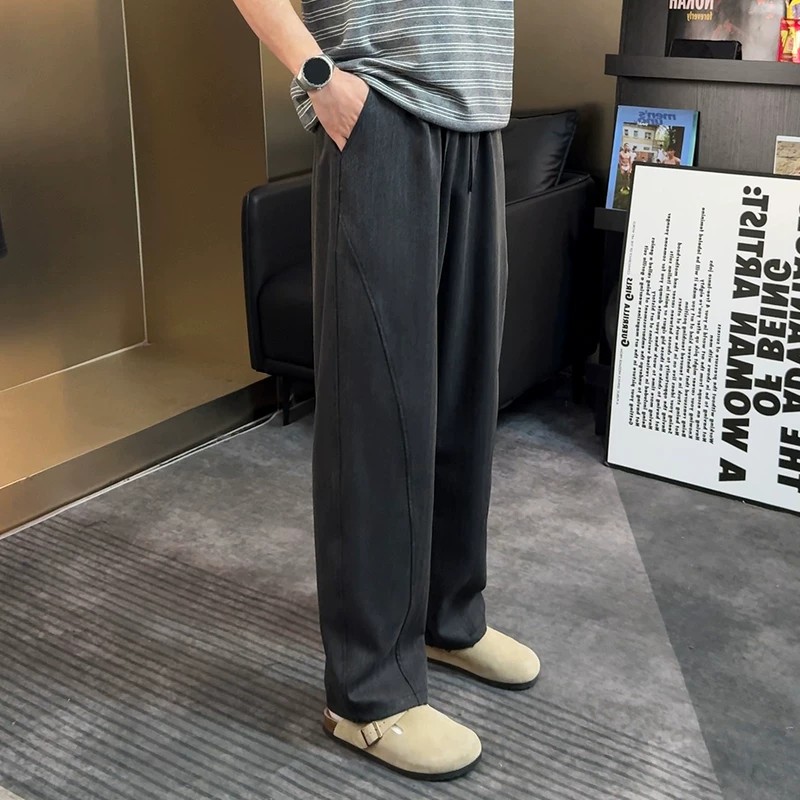 老钱风秋季男士垂感免熨烫宽松直筒裤松紧腰抽绳潮流百搭休闲裤子