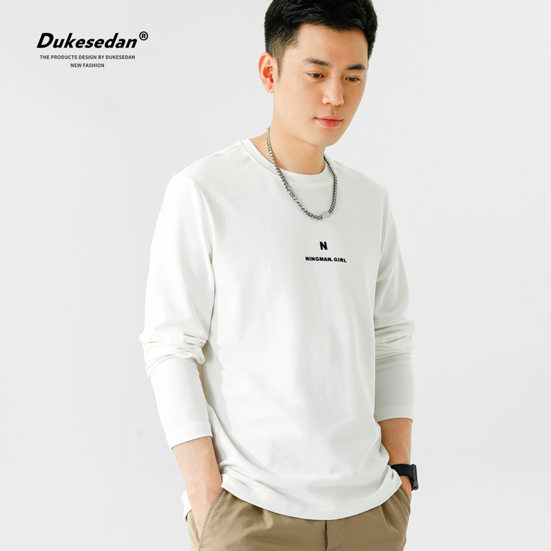 白色T恤男士长袖宽松圆领打底衫