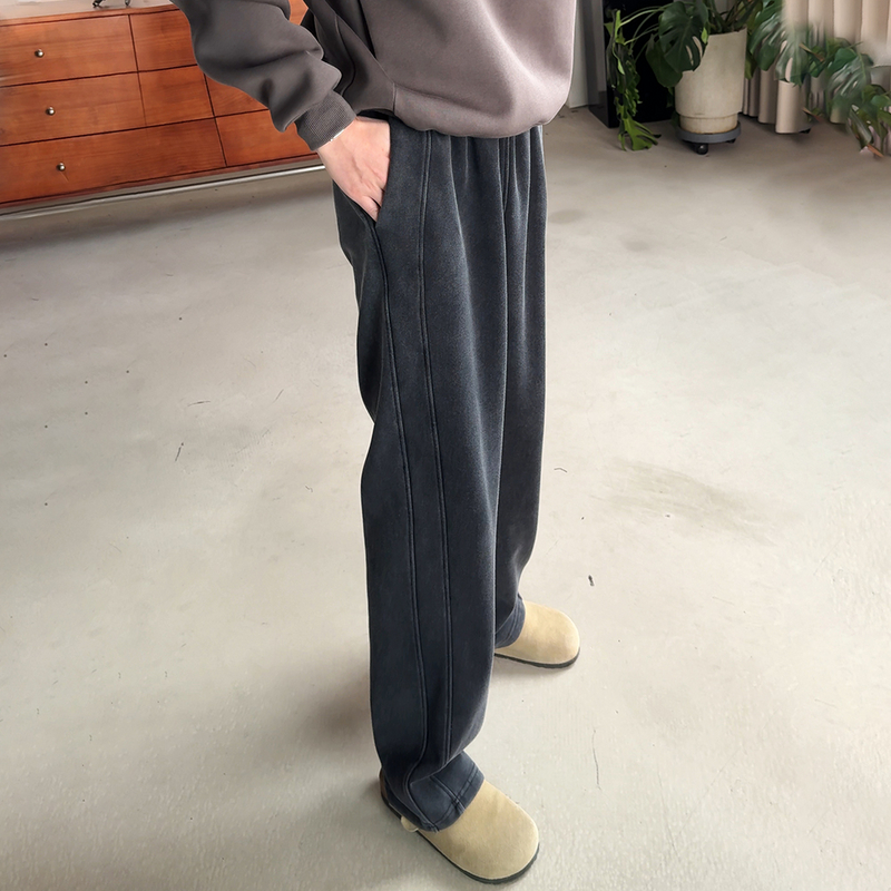 提臀水洗破坏卫裤cleanfit宽松直筒春夏款长裤重磅磨白灰男休闲裤