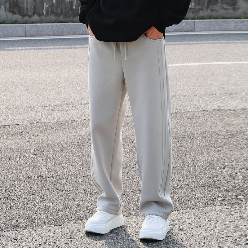 秋冬新款男士复古空气层弯刀裤运动奥利绒卫裤宽松直筒百搭休闲裤