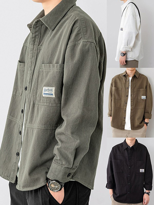 翻领外套男士春秋美式复古宽松外穿潮牌开衫上衣休闲纯棉工装夹克