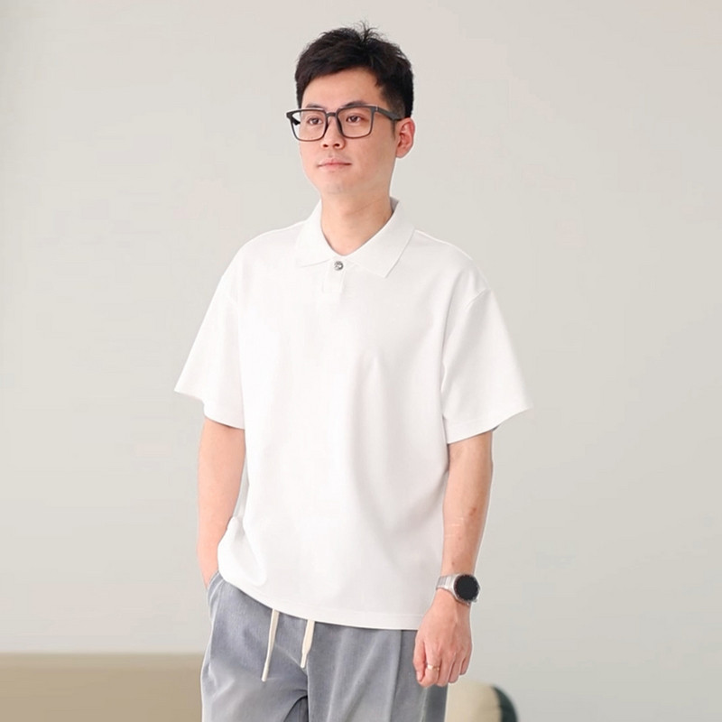 米白美式翻领短袖T恤男款夏季休闲潮流宽松金属扣翻领男士上衣T恤,男装,T恤,淘宝优惠券,粉丝福利购,淘宝优惠卷