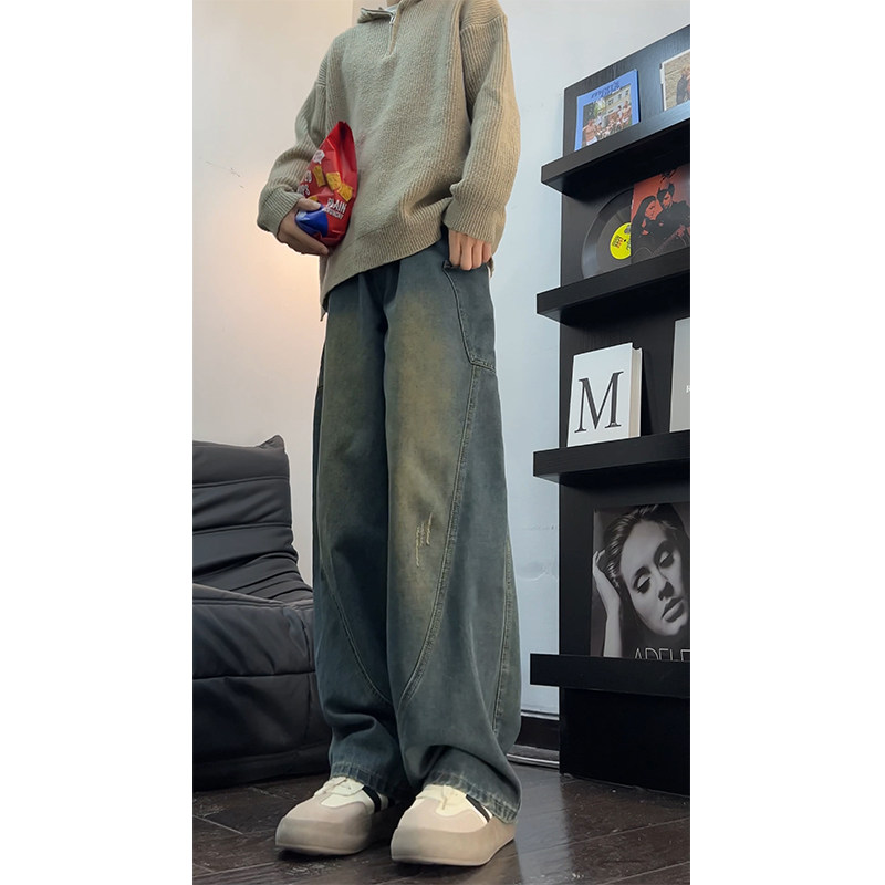 美式复古牛仔裤男秋冬水洗做旧解构拼接宽松直筒长裤设计感弯刀裤,男装,牛仔裤,淘宝优惠券,粉丝福利购,淘宝优惠卷