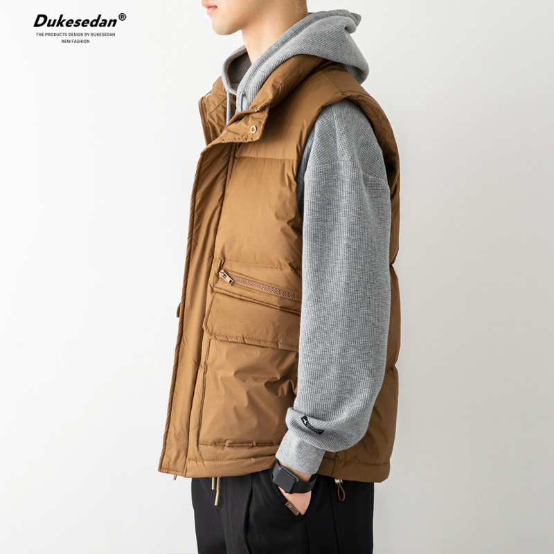 灰鸭绒无帽立领羽绒马甲背心外套