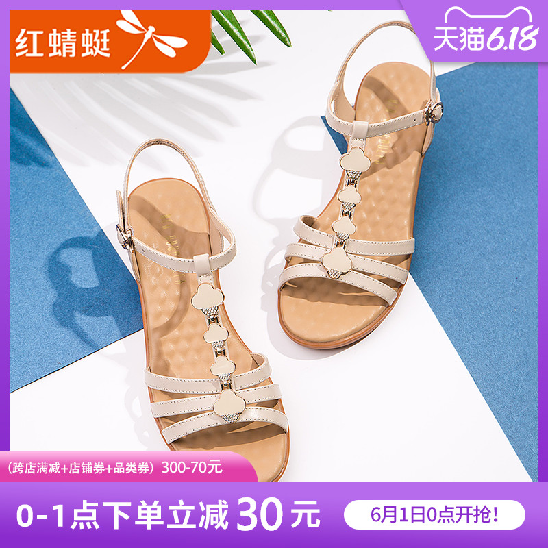 红蜻蜓坡跟凉鞋女夏新款时尚百搭舒适平底休闲鞋厚底中跟女鞋
