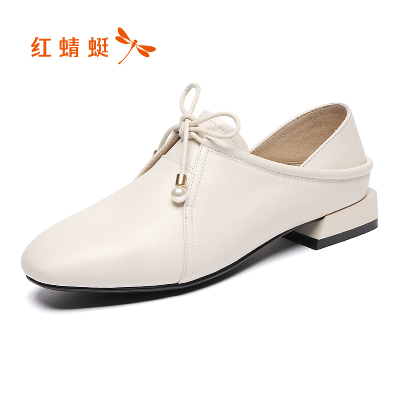 红蜻蜓女鞋春新款粗方根英伦乐福休闲舒适两穿方头单鞋小皮鞋
