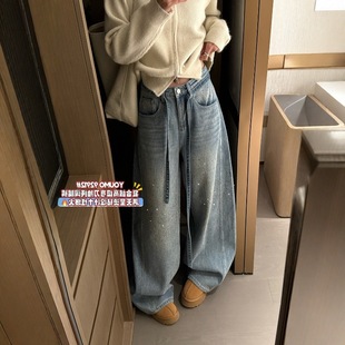 美式轻奢风重工满天星烫钻亮闪闪牛仔阔腿裤女加绒设计感牛仔裤