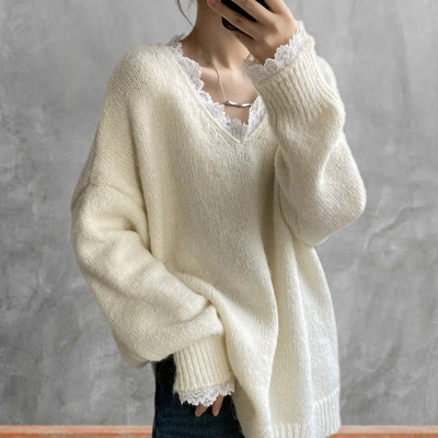 ‘爆火蕾丝花边’宽松保暖毛衣女2025冬季宽松软糯慵懒针织上衣