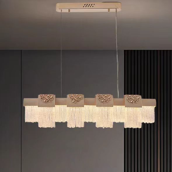 高定新品创意现代水晶吊灯客厅餐厅长条形金属灯罩流苏装饰灯具